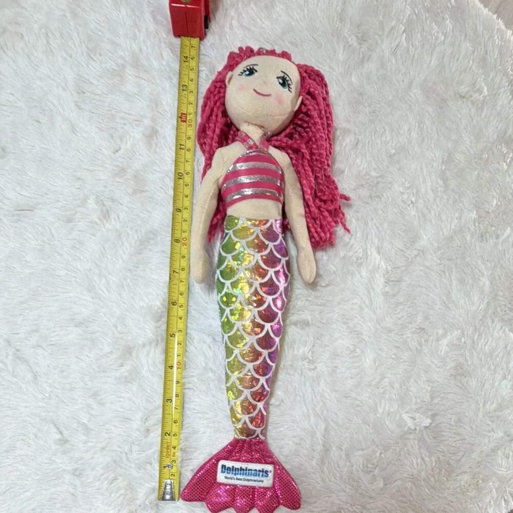 Dolphinaris Mermaid Plush Doll Pink Yarn Hair Rainbow Sequin Tail Souvenir
